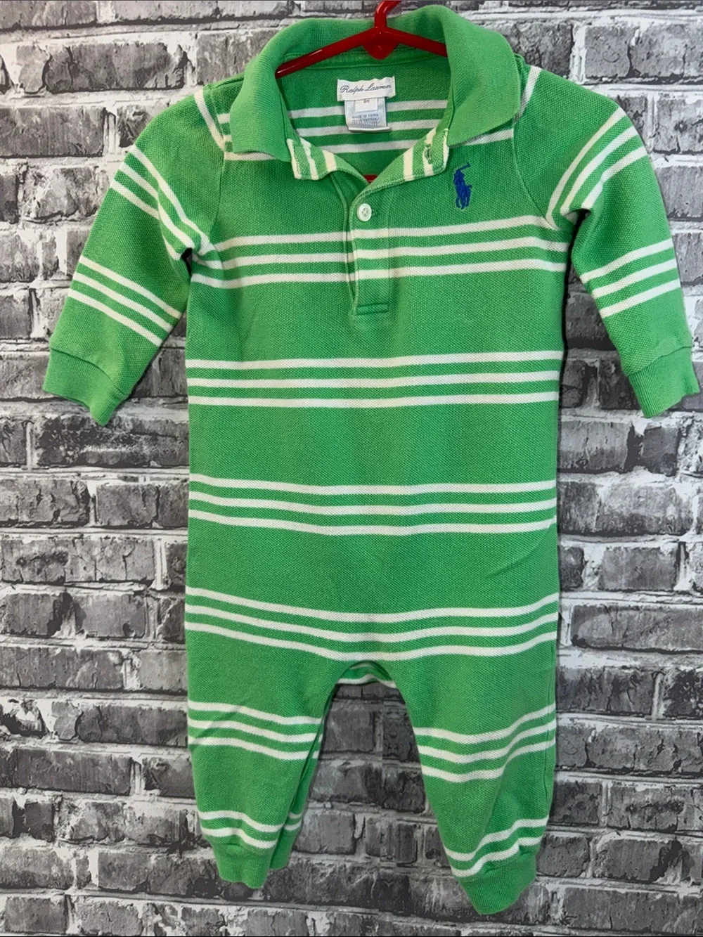 Ralph Lauren Green and White Striped Polo One-Piece romper
